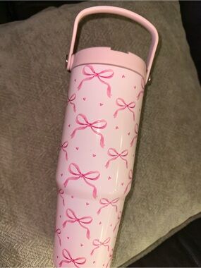 Pink Bow Pattern Insulated Water Tumbler - Portable Handle